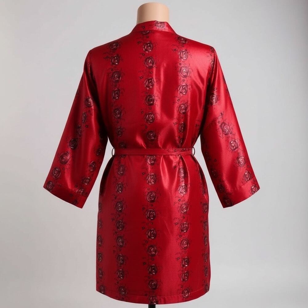 Private Luxuries Robe Red Satin Floral Kimono Style Belted Women L - Picture 2 of 4